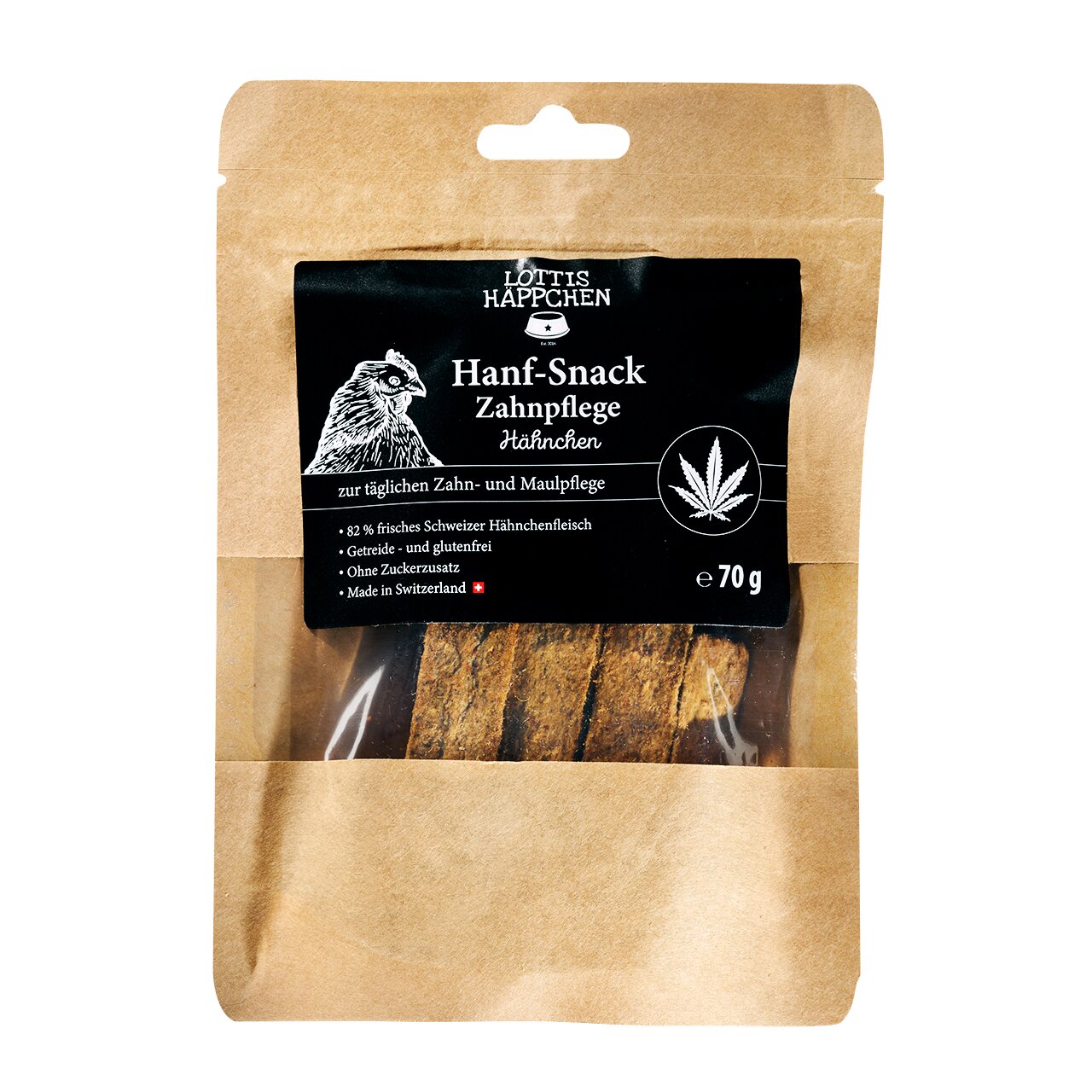 LOTTIS HÄPPCHEN Hanf-Snack Zahnpflege Hähnchen für Hunde, 82% Hähnchenfleisch, getreidefrei, ohne Zucker, 70g.