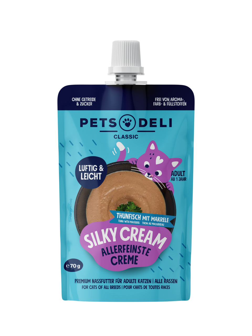Pets Deli Classic Silky Cream, 70g, Thunfisch+Makrele, für Katzen ab 1 Jahr, getreidefrei, ohne Zucker, Aroma-, Farb- & Füllstoffe.