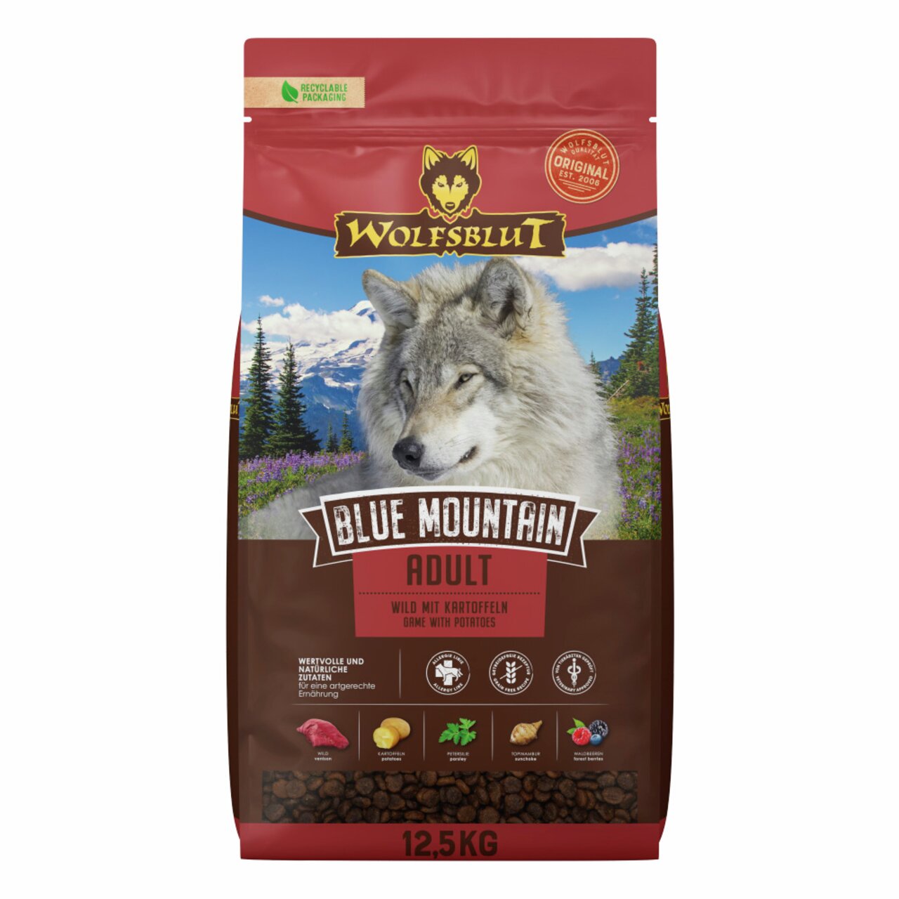 Wolfsblut Blue Mountain Adult, 12,5 kg, getreidefreies Premium-Trockenfutter für Hunde, Wildfleisch & Kartoffeln, natürliche Zutaten.