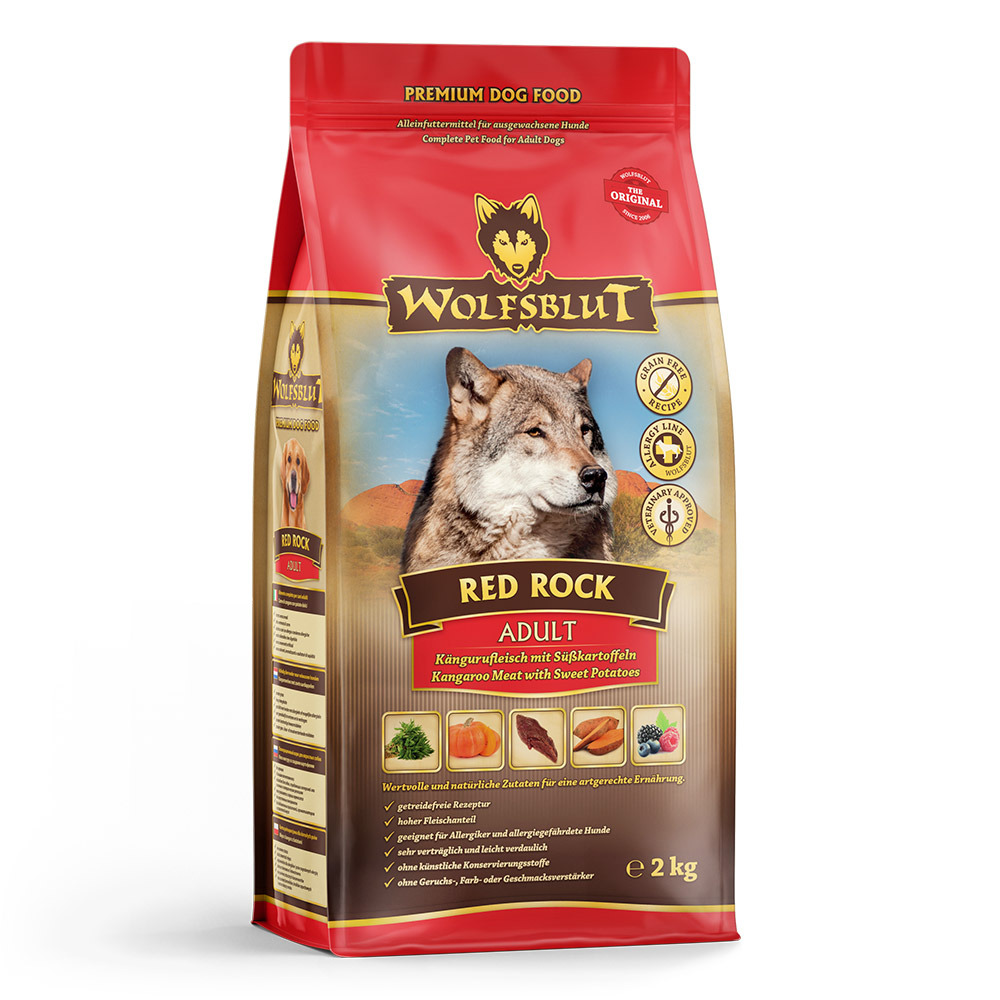 Wolfsblut Red Rock Adult, 2 kg, Känguru & Süßkartoffeln, getreidefreies Premium-Trockenfutter f. ausgew. Hunde, allergikerfreundlich.