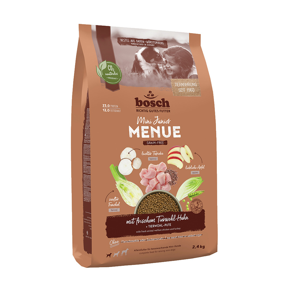 Das Bild zeigt eine braune Verpackung des Hundefutters „bosch Mini Junior Menue Grain-Free“ mit frischem Tierwohl-Huhn und Pute. Geeignet für heranwachsende Hunde kleiner Rassen. Enthält Fenchel, Tapioka und Apfel. Ohne Getreide und künstliche Zusätze. Ve