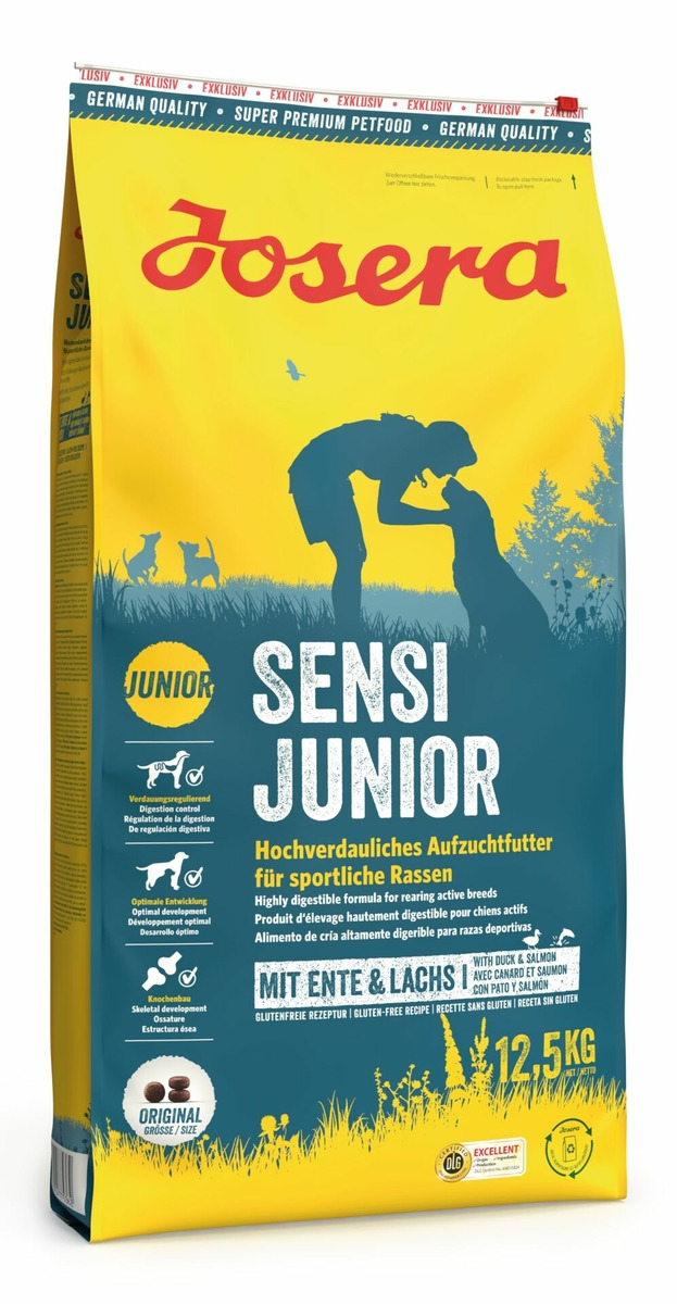 Josera Sensi Junior, 12,5 kg, für sportl. Junghunde, Ente & Lachs, hochverdaulich, glutenfrei, fördert Entwicklung & Knochenaufbau.