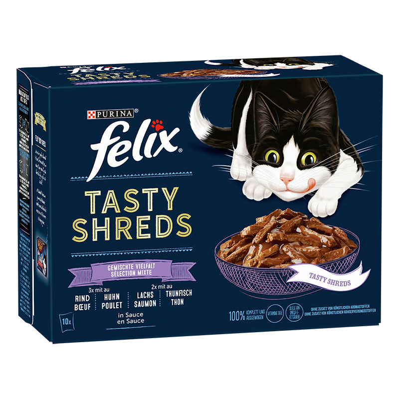 Das Bild zeigt eine Verpackung des Katzenfutters „Felix Tasty Shreds“ von Purina. Es handelt sich um eine gemischte Vielfalt in Sauce mit den Geschmacksrichtungen Rind, Huhn, Lachs und Thunfisch. Die Zielgruppe sind Katzen. Die Packung enthält 10 Portione