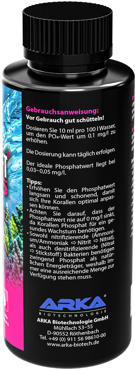 ARKA MICROBE-LIFT Phosphat Plus, flüssiges Ergänzungsmittel f. Aquarien, erhöht Phosphat, 250 ml, mit Dosieranleitung.