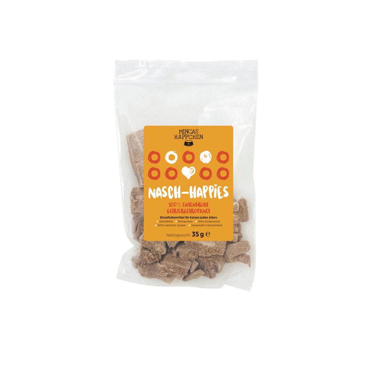 MINCAS HÄPPCHEN Nasch-Happies, Katzen, 100 % Entenbrust, getreidefrei, ohne Zuckerzusatz & künstl. Aromen, 35 g, gefriergetrocknet.