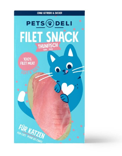 Pets Deli Filet Snack Thunfisch für Katzen, 100 % Filetfleisch, „Soft & Juicy“, ohne Getreide & Zucker, Geschm.: Thunfisch.