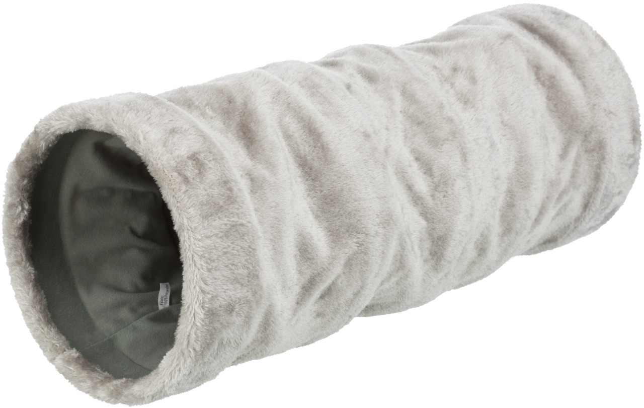 Weicher Katzentunnel von TRIXIE, ideal für Katzen zum Spielen, Verstecken und Entspannen. Der Tunnel besteht aus kuscheligem, cremefarbenem Plüsch mit einer weichen, grauen Innenauskleidung. Perfekt für alle Katzenrassen. Maße und Gewicht sind auf dem Bil