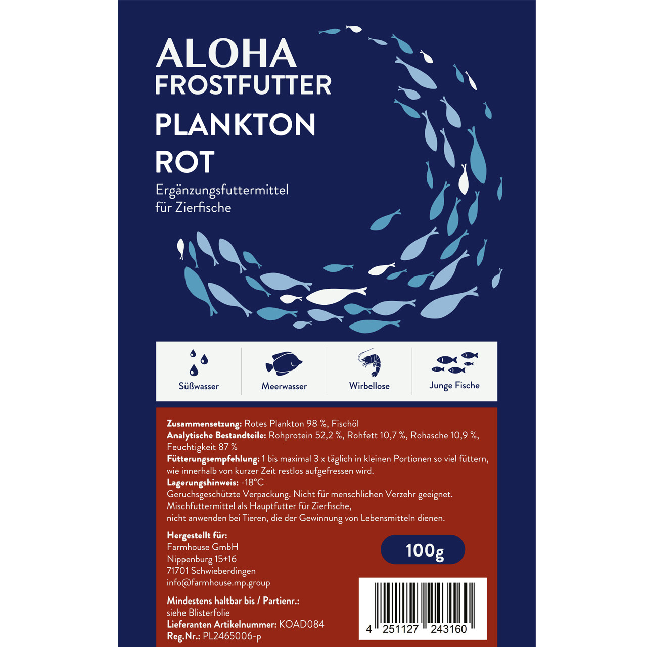 ALOHA Frostfutter Plankton Rot, Ergänzungsfutter für Süß-/Meerwasserfische & Wirbellose, 100 g, 98 % rotes Plankton, mit Fischöl.