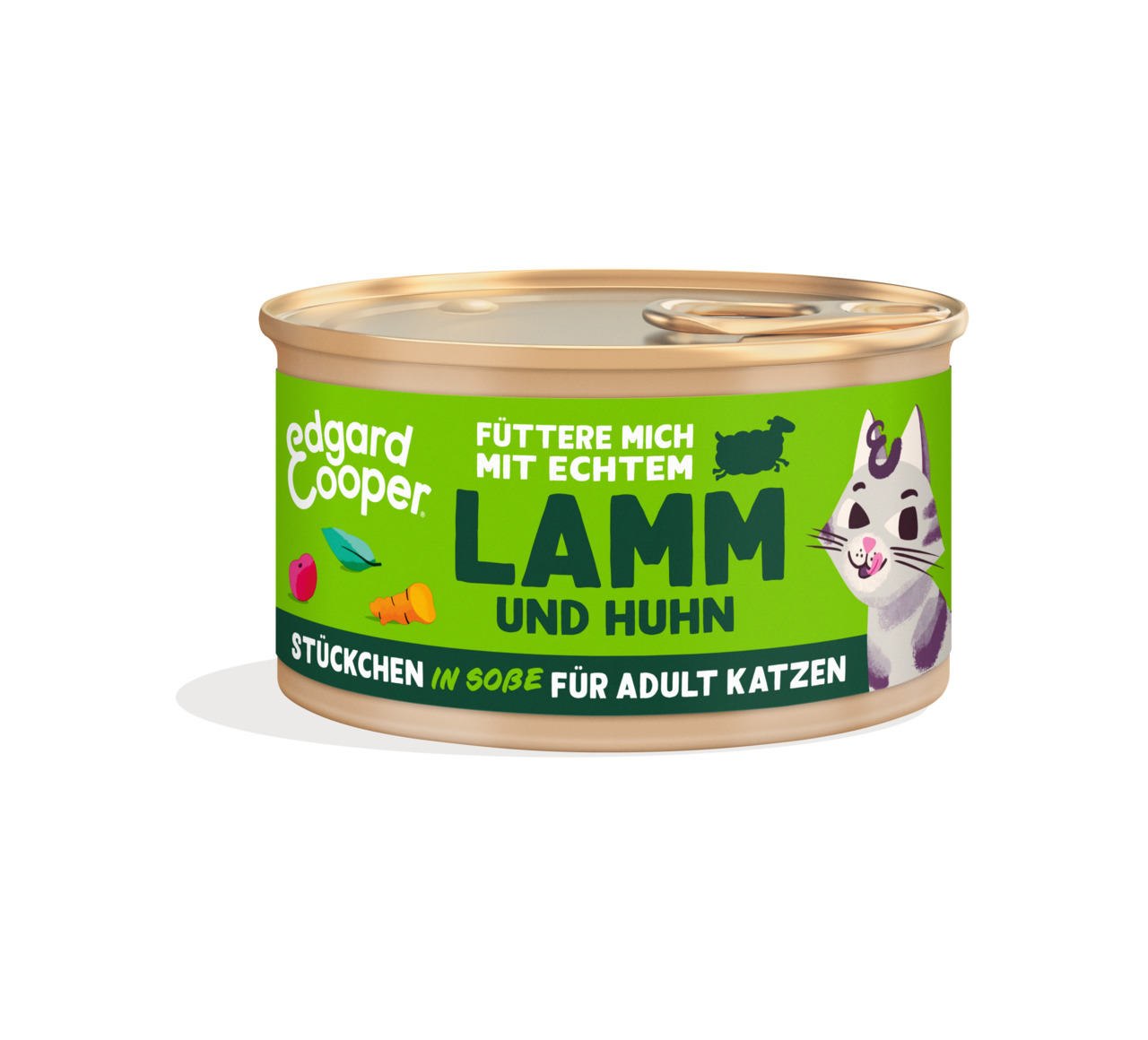 Edgard & Cooper Katzenfutter, Lamm & Huhn, Stückchen in Soße, für ausgewachsene Katzen, 85g, „Füttere mich mit echtem Lamm & Huhn“.