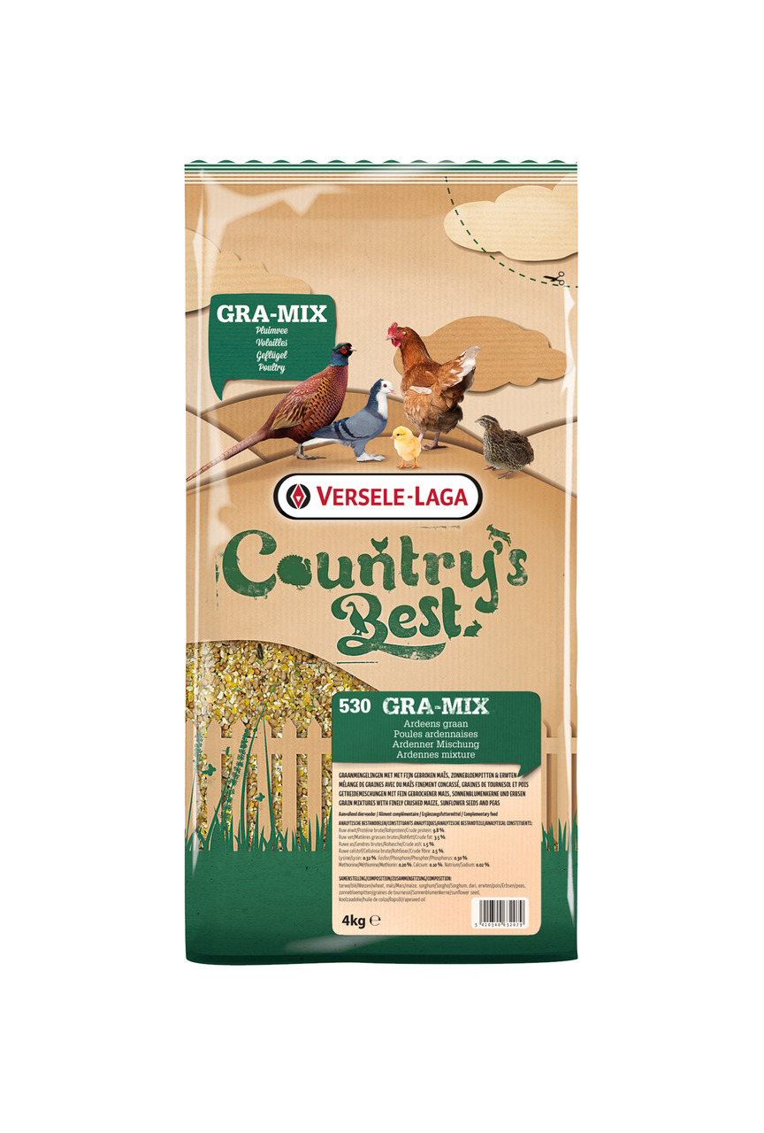 Versele-Laga Country's Best GRA-MIX 530 Ardennes Mischung, 4 kg, für Hühner, Tauben & Fasane, beige Verpackung mit Geflügel-Illustrationen.
