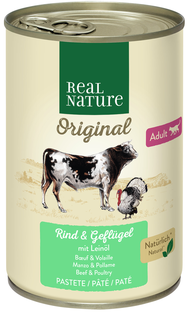 Das Bild zeigt eine Dose des Tierfutterprodukts "REAL NATURE Original" für erwachsene Katzen (Adult). Die Geschmacksrichtung ist Rind und Geflügel mit Leinöl. Die Verpackung hebt die natürliche Qualität hervor und enthält 200 g Pastete. Auf der Vorderseit