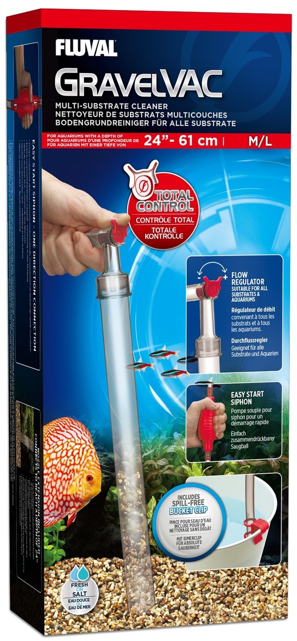 Fluval GravelVac Bodengrundreiniger, M/L (24-61 cm), für Aquarien, mit Durchflussregler, Startfunktion & Eimer-Clip, für alle Substrate.