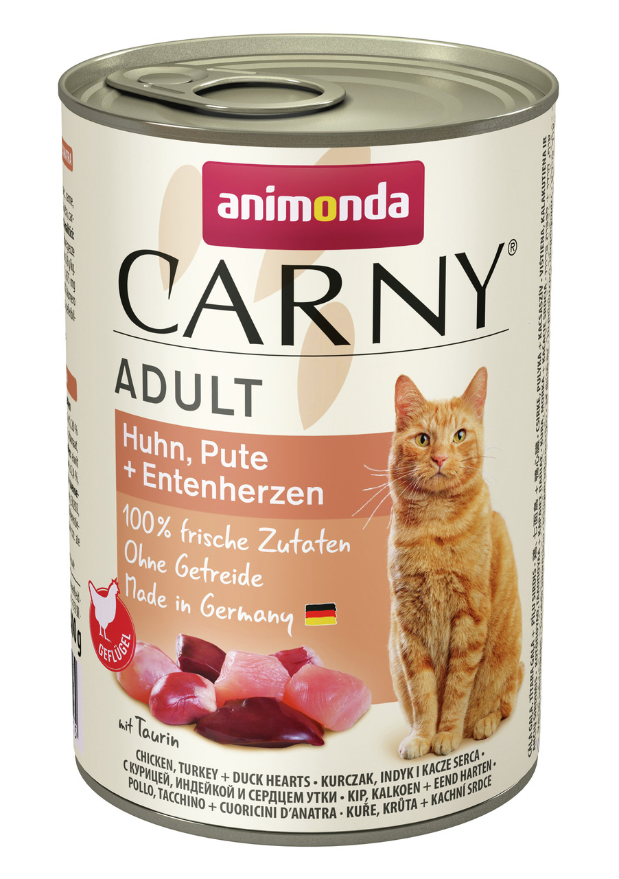 Animonda Carny Adult Katzenfutter, Huhn/Pute/Entenherzen, 400 g, für ausgewachsene Katzen, 100 % frisch, getreidefrei, made in DE.