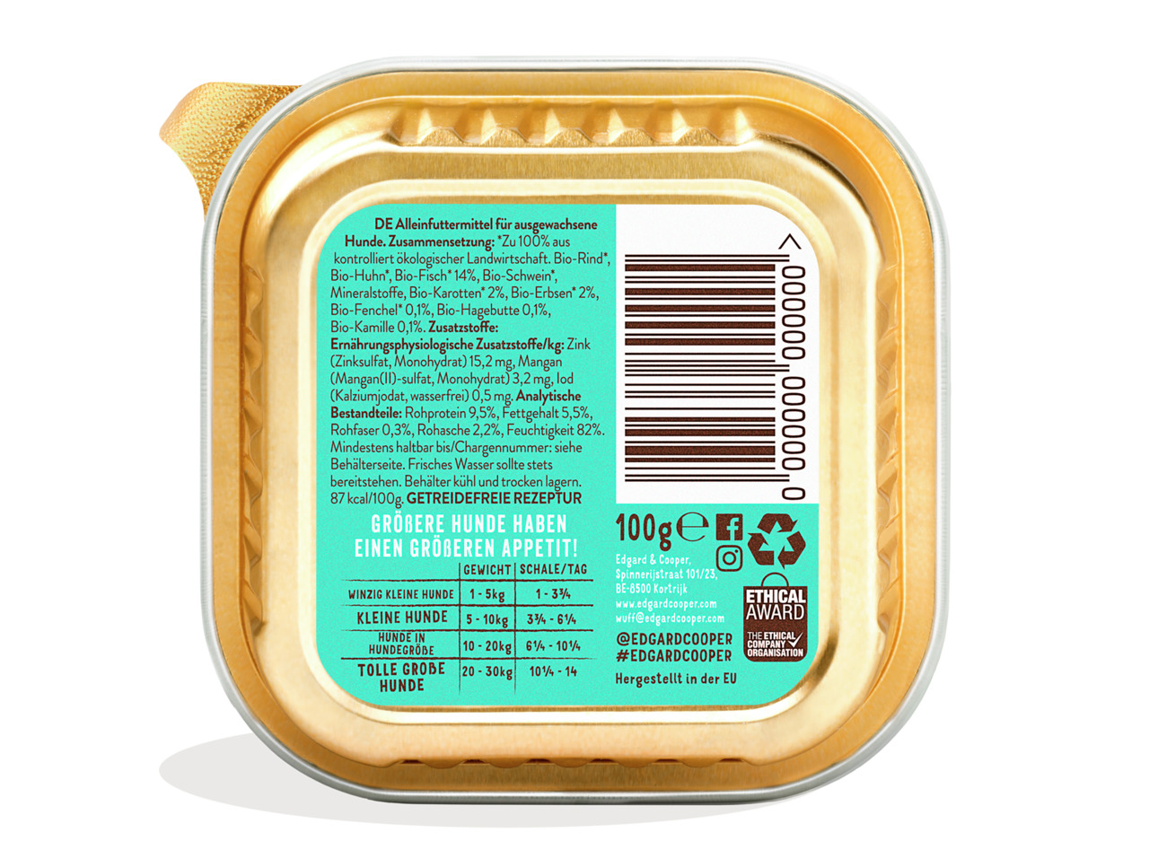 Edgard & Cooper Hundefutter, 100g, Bio, getreidefrei, Rind/Huhn/Fisch/Schwein, für kl.-gr. Hunde, nachhaltig & ethisch produziert.