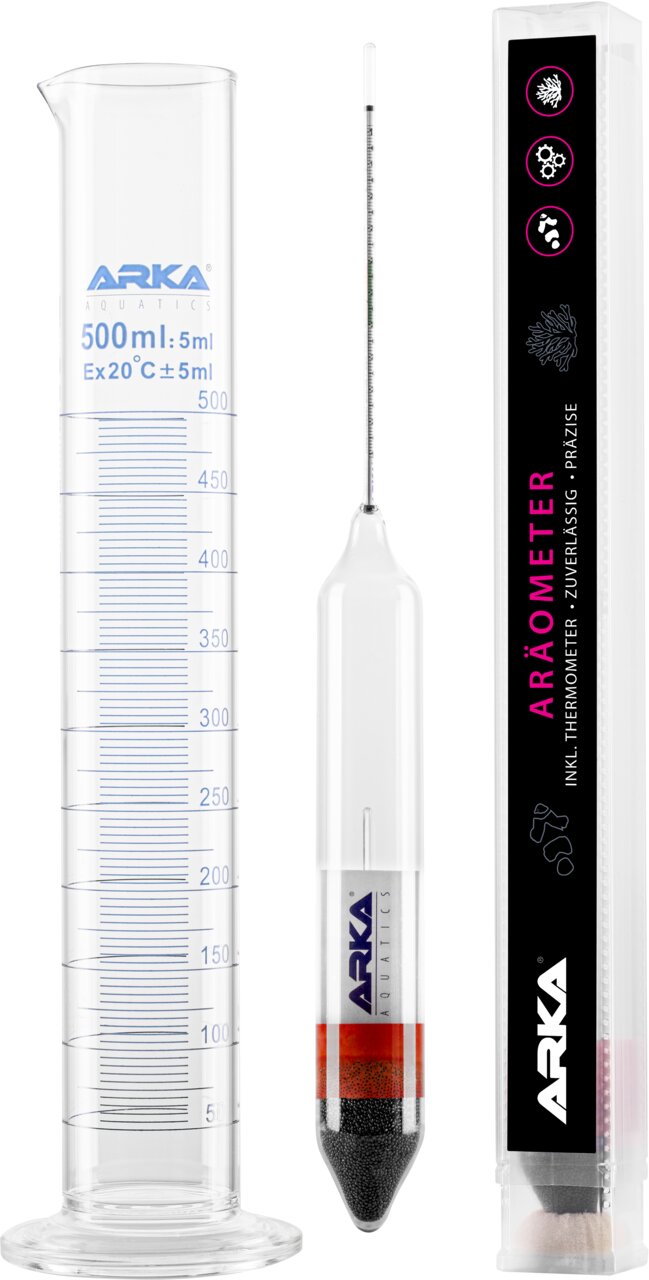 ARKA Aräometer für Meerwasser-Aquarien, Zielgruppe Aquarianer, präzise Dichtemessung inkl. Thermometer.
