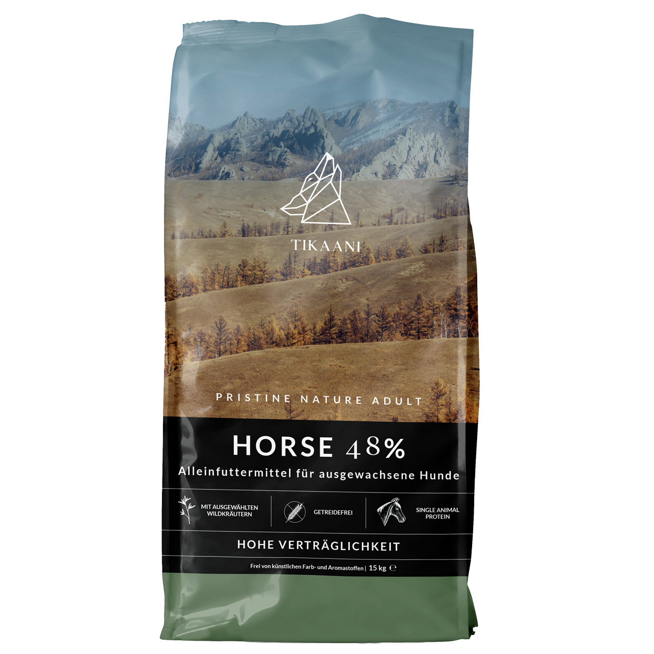 TIKAANI Pristine Nature Adult Horse 48%, Alleinfutter f. Hunde, Pferd, 48% Pferd, getreidefrei, 15 kg, Wildkräuter, Single Protein.
