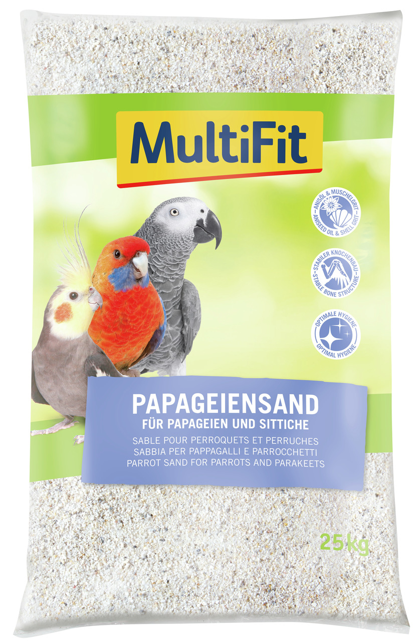 MultiFit Papageiensand, 25 kg, für Papageien & Sittiche, mit Muschelgrit für starke Knochen, unterstützt Hygiene, ideal für Vogelhalter.