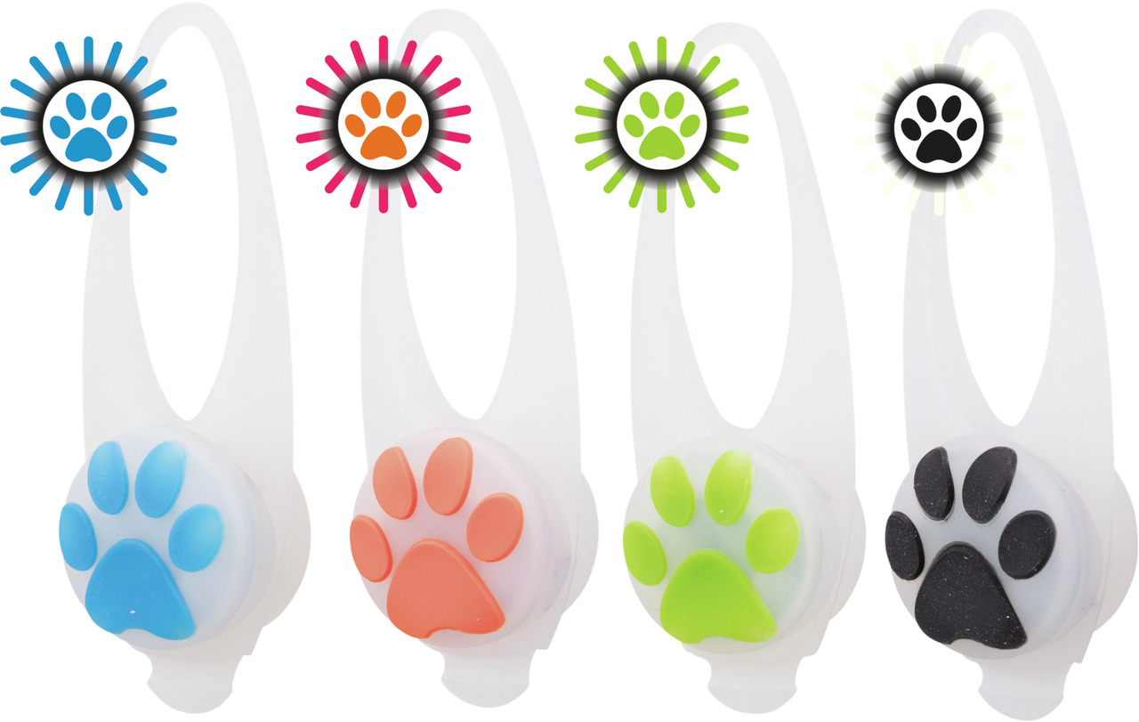 TRIXIE LED-Sicherheitslichter für Hunde, versch. Farben (Blau, Orange, Grün, Schwarz), Pfotenmotiv, für Halsband-Geschirr, Sichtbarkeit.