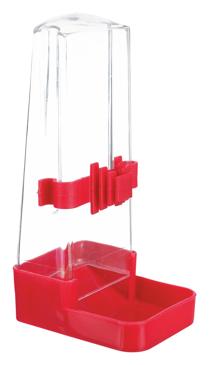 TRIXIE Wasserspender für Käfigvögel (z.B. Wellensittiche, Kanarienvögel), transparenter Kunststoff, rote Basis, leicht montierbar.