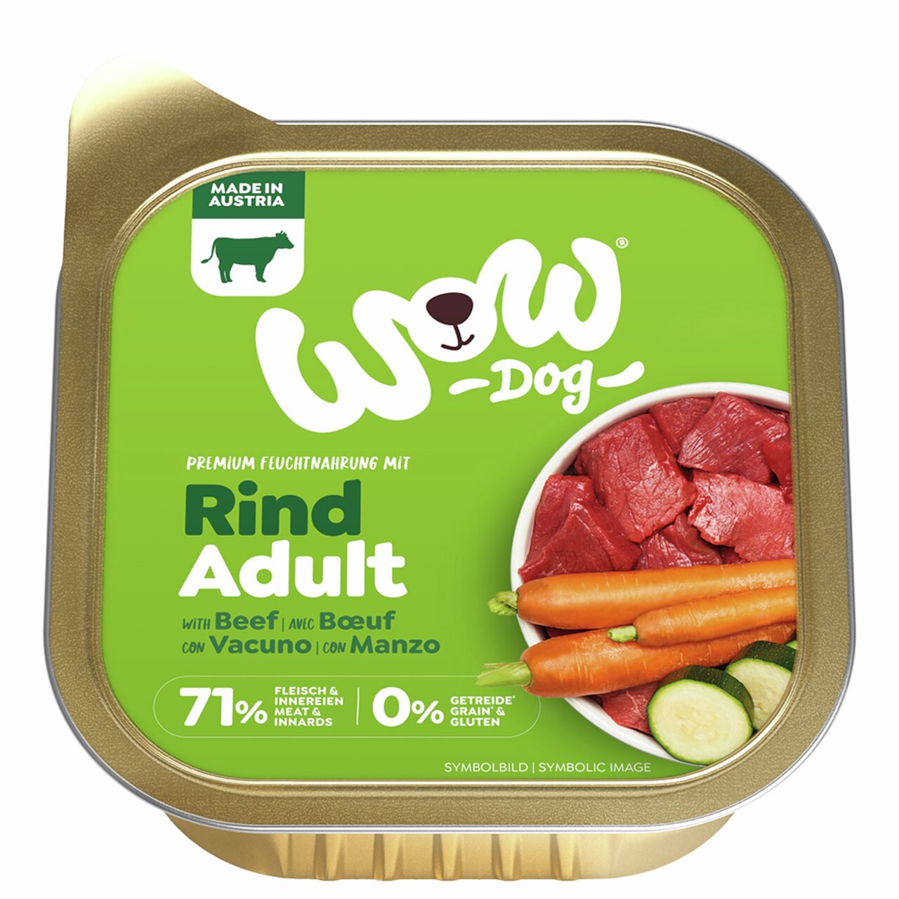 WOW DOG Rind Adult Nassfutter für ausgewachsene Hunde, Geschmacksrichtung Rind, 300 g, 71 % Fleisch, getreidefrei und glutenfrei.