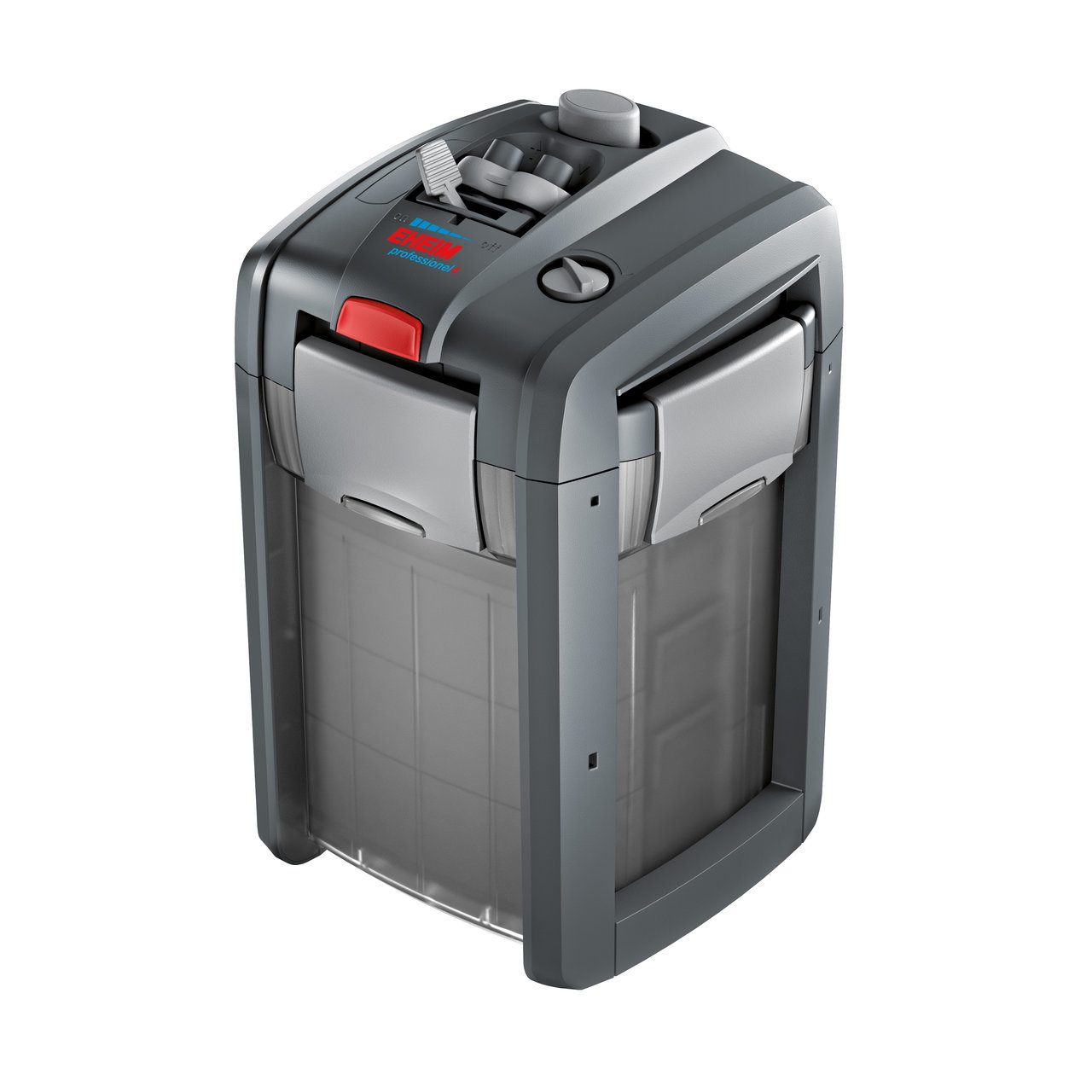 EHEIM professionel 4+ Außenfilter, für Süß-/Meerwasseraquarien, effiziente Wasserreinigung, modernes Design, rote Entriegelungstaste.