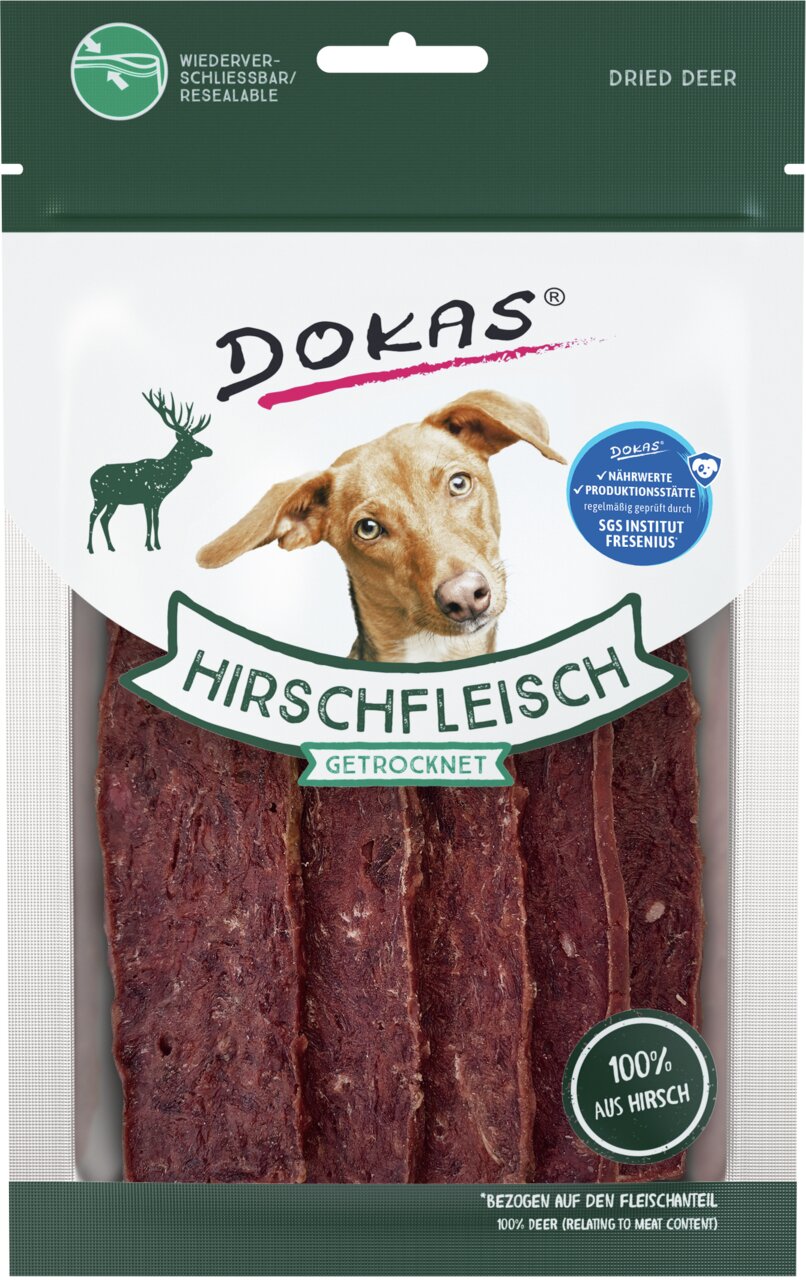 DOKAS Hirschfleisch getrocknet, Hundesnack, 100 % Hirsch, 70 g, hohe Qualität durch SGS Institut Fresenius geprüft.