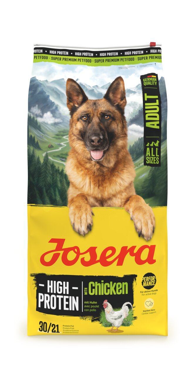 Trockenfutter für Hunde, Marke Josera, High Protein mit Huhn, für aktive Hunde, Adult, German Quality, Menge 30/21.