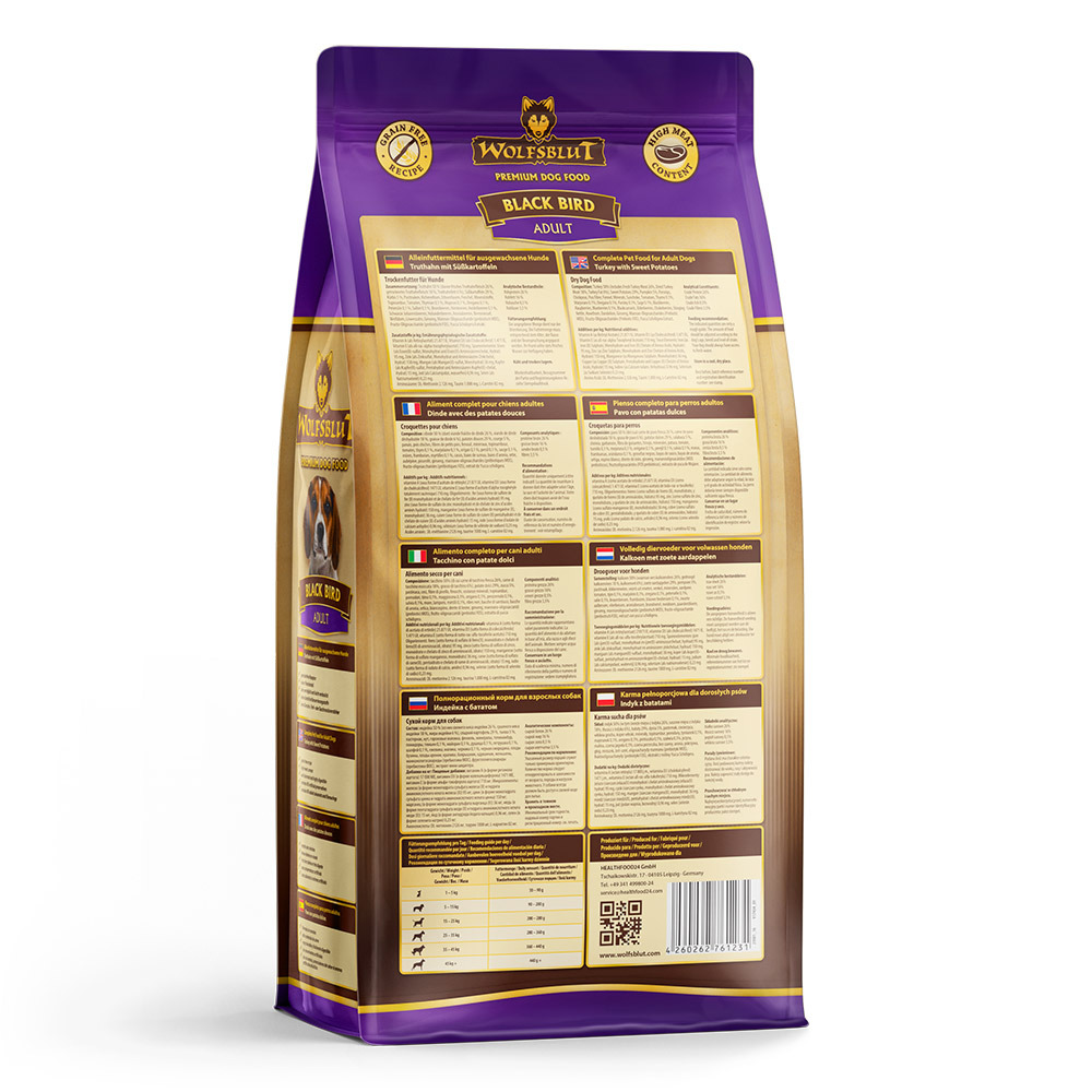 Wolfsblut Black Bird Adult: Getreidefreies Premium-Trockenfutter für ausgewachsene Hunde mit Truthahn, hoher Fleischanteil.