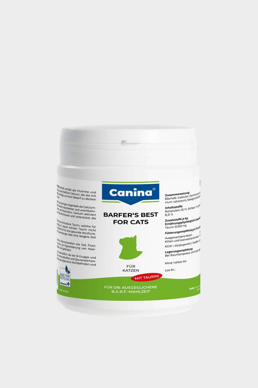 Das Bild zeigt eine weiße Dose des Produkts „Canina Barfer's Best for Cats“ mit grünem und blauem Etikett. Es handelt sich um ein Nahrungsergänzungsmittel für Katzen, speziell für B.A.R.F.-Mahlzeiten. Enthält Taurin zur Unterstützung der Gesundheit. Menge