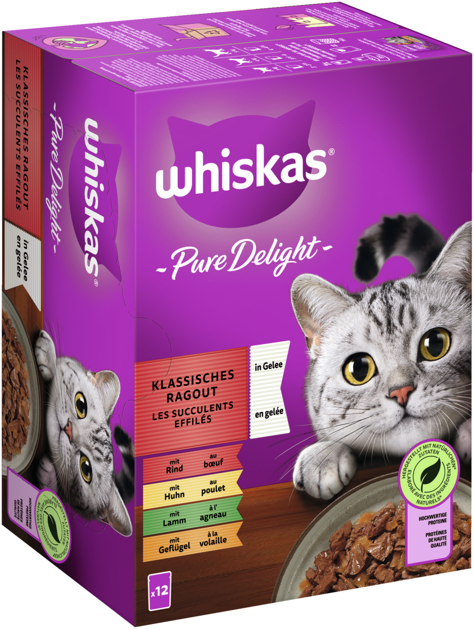 Whiskas Pure Delight Ragout in Gelee, für ausgew. Katzen, Rind/Huhn/Lamm/Geflügel, 12 Beutel, "Mit natürlichen Zutaten".