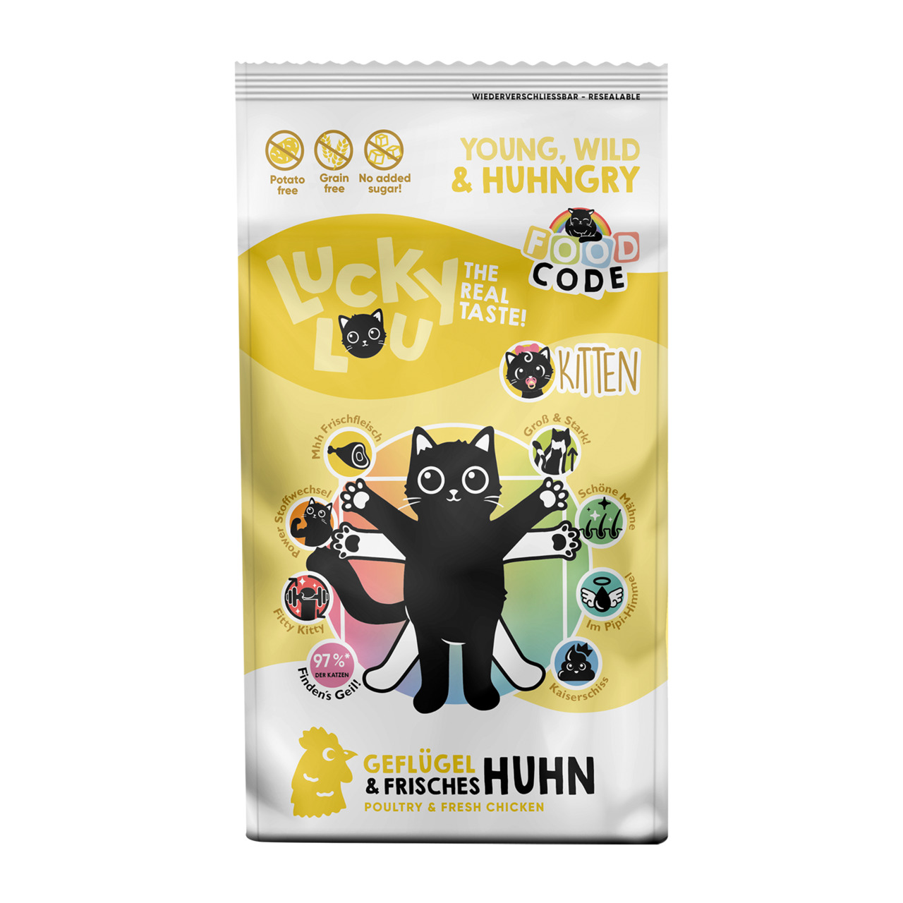 Das Bild zeigt eine Verpackung des Katzenfutters „Lucky Lou – Geflügel & Frisches Huhn“ für Kätzchen (Kitten). Die Marke „Lucky Lou“ wirbt mit Slogans wie „Young, Wild & Hungry“ und „The Real Taste!“. Das Produkt ist getreidefrei, kartoffelfrei und enthäl