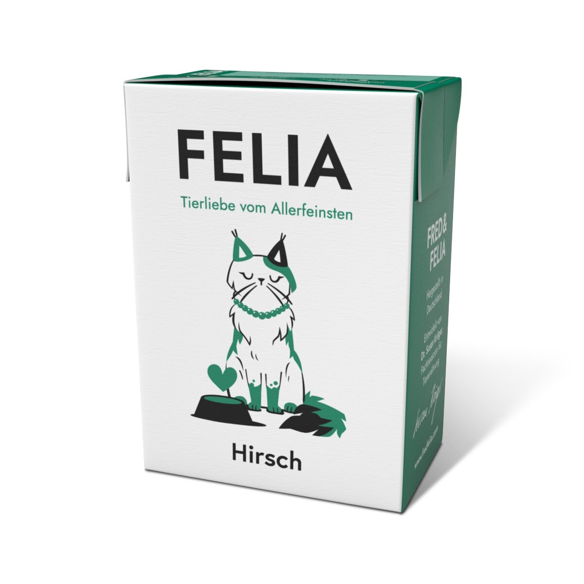 FELIA Katzenfutter Hirsch für Katzen, Tierliebe vom Allerfeinsten, Nassfutter in Schachtel mit Katzenillustration.