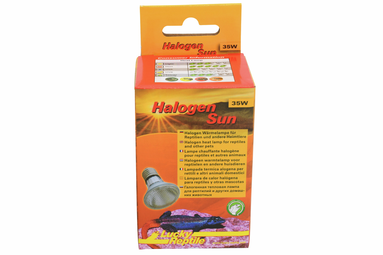 Lucky Reptile Halogen Sun Wärmelampe, 35W, für Reptilien & Haustiere, optimale Wärmequelle, Verpackung in Orange mit Reptilienmotiv.