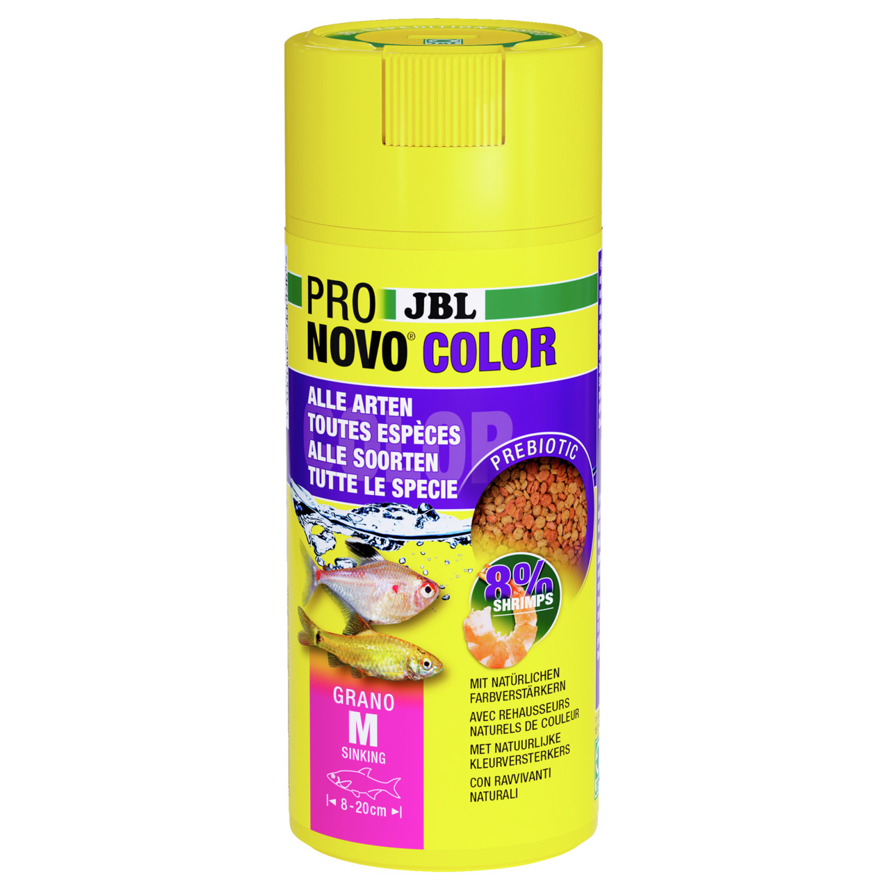 JBL Pro Novo Color Grano M, Fischfutter f. Zierfische (8-20 cm), 8 % Garnelen, Farbstoffverstärker, 100 ml.
