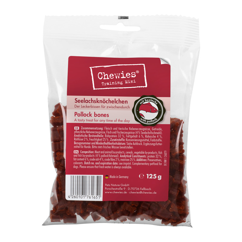 Chewies Training Mini Seelachsknöchelchen, Hundesnack, Seelachs, Ergänzungsfuttermittel, 125 g, ideal als Leckerli zwischendurch.