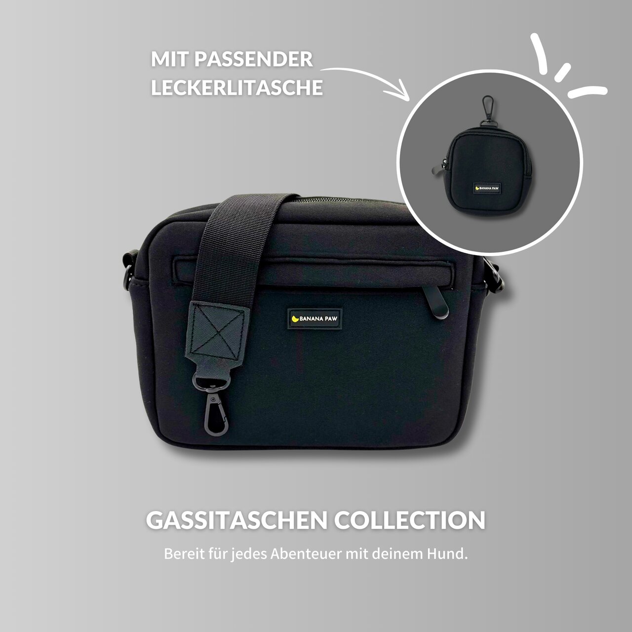 Gassitasche Banana Paw, Schwarz, verstellbarer Gurt, inkl. Leckerlitasche, ideal für Hundespaziergänge.