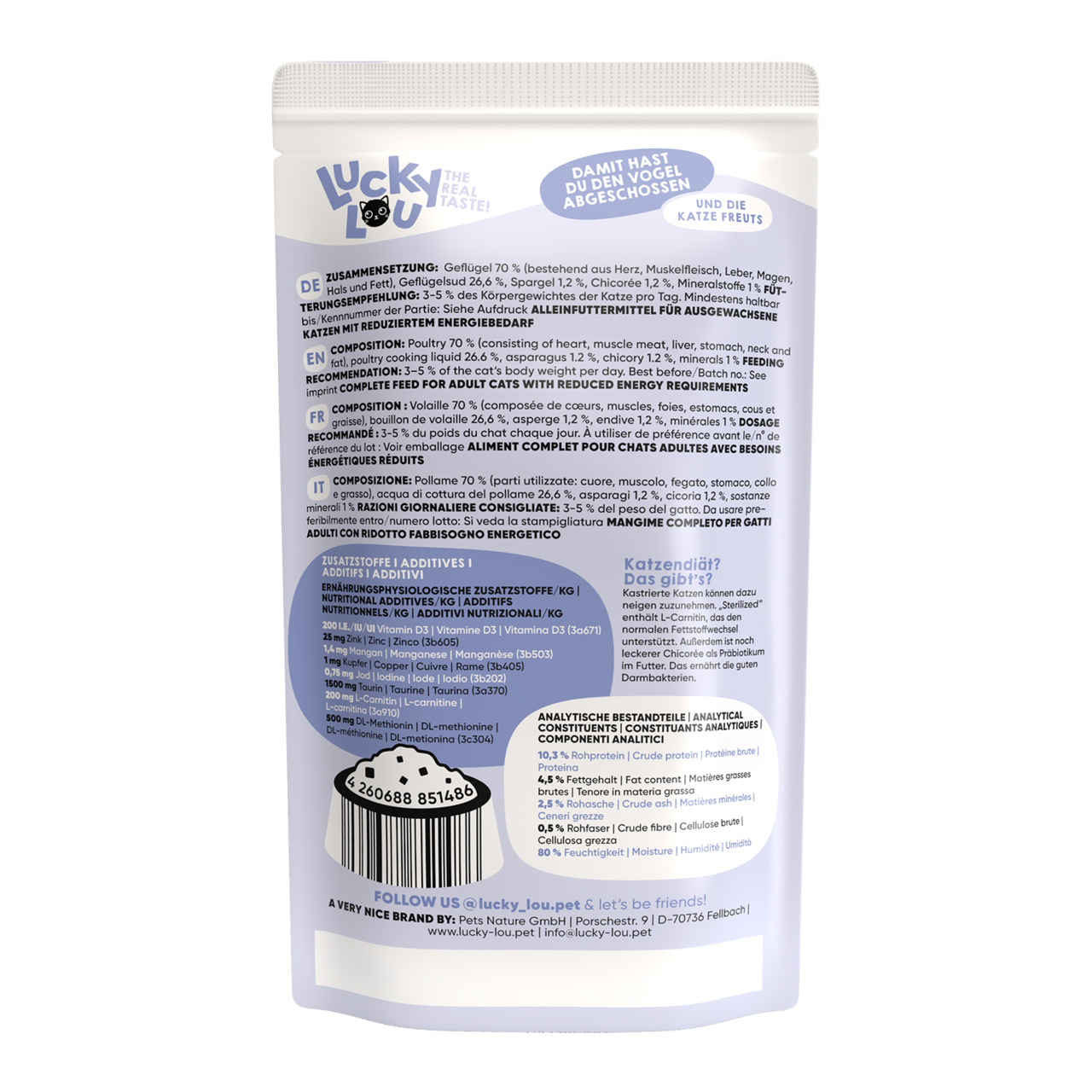 Lucky Lou – The Real Taste, Geflügel, für ausgewachsene Katzen mit reduziertem Energiebedarf, 100 g, mit Herz, Muskelfl. & Leber.
