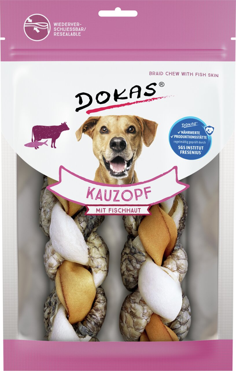 DOKAS Kauzopf mit Fischhaut, für Hunde, 2 Stk., geprüft vom SGS Institut Fresenius, wiederverschließbar, geflochten, Weiß-Braun-Beige.