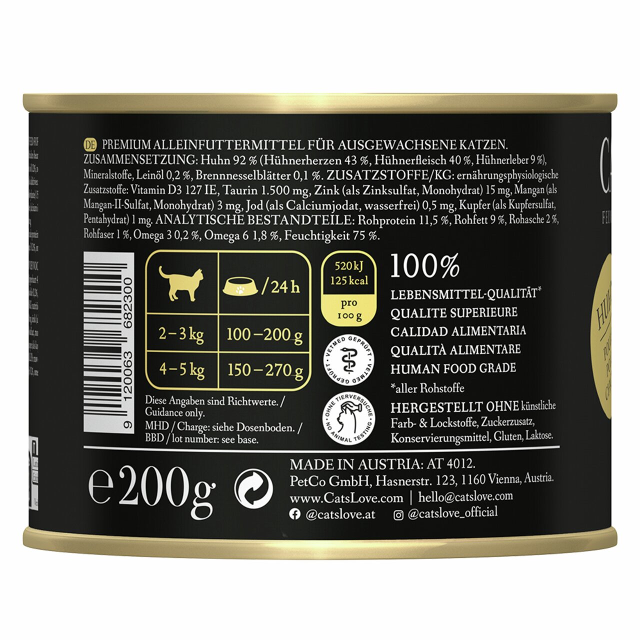 Cat's Love Huhn, Nassfutter für Katzen, Geschmacksrichtung Huhn, 200 g Dose, 100 % lebensmitteltauglich, ohne künstliche Zusätze.