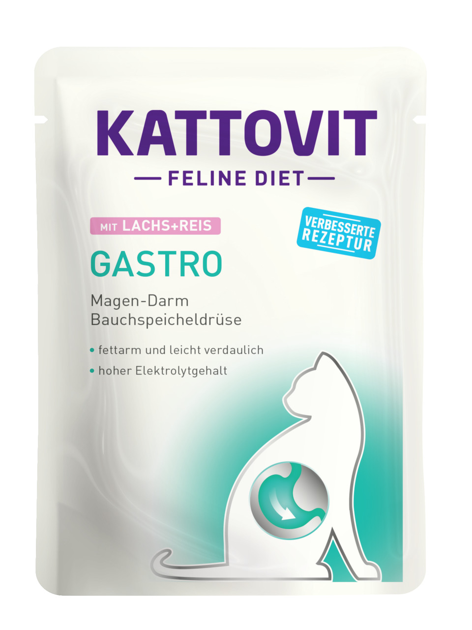 Kattovit Feline Diet Gastro, Katzenfutter, Lachs & Reis, für Magen-Darm-Probleme, fettarm, leicht verdaulich, 85 g.