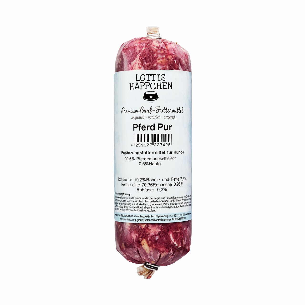 Lottis Häppchen Pferd Pur, Ergänzungsfuttermittel für Hunde, 99,5 % Pferdemuskelfleisch, 0,5 % Hanföl, 500 g, ideal für BARF.