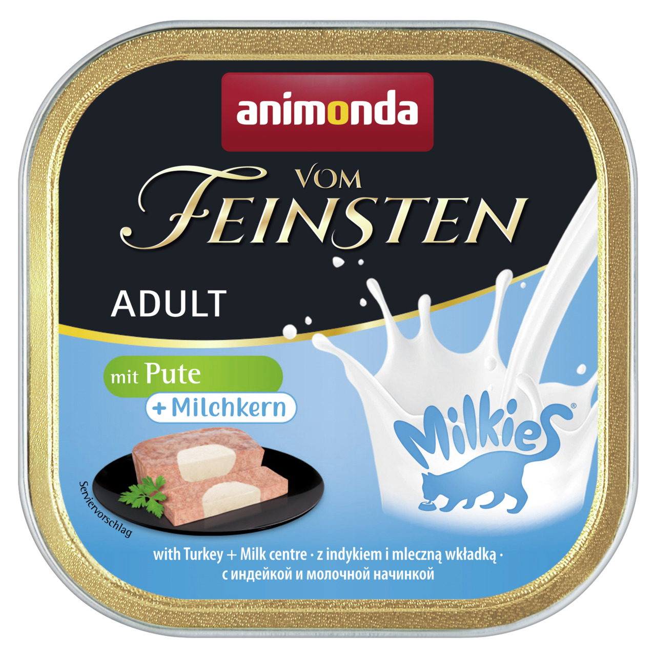animonda Vom Feinsten Adult, für ausgewachsene Katzen, Pute & Milchkern, 100g, serviert auf Teller, schwarze Verpackung mit Goldakzenten.