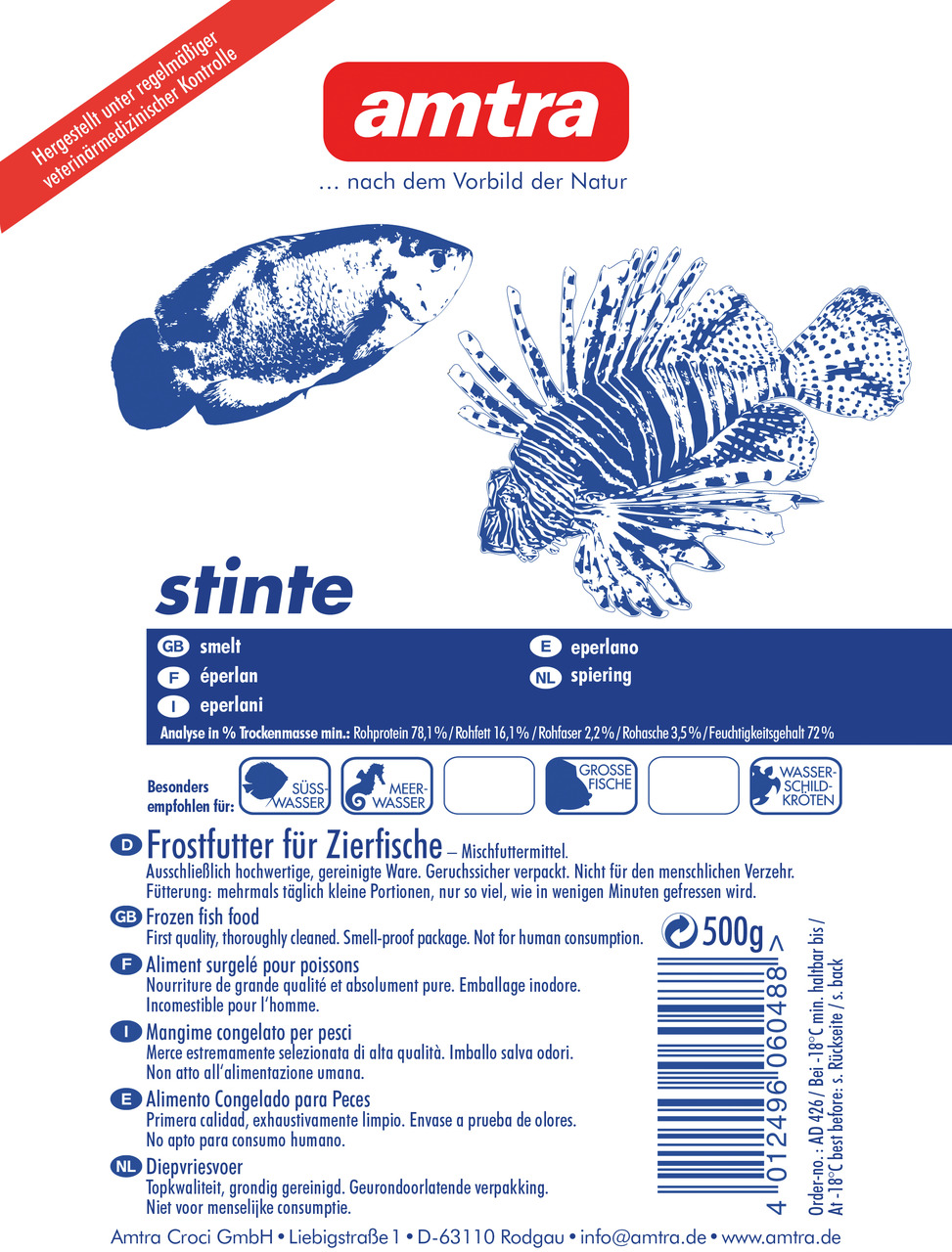 amtra stinte, Frostfutter für Zierfische, Süß-/Meerwasserfische & Wasserschildkröten, 500 g, hohe Qualität, gereinigt, geruchsicher.