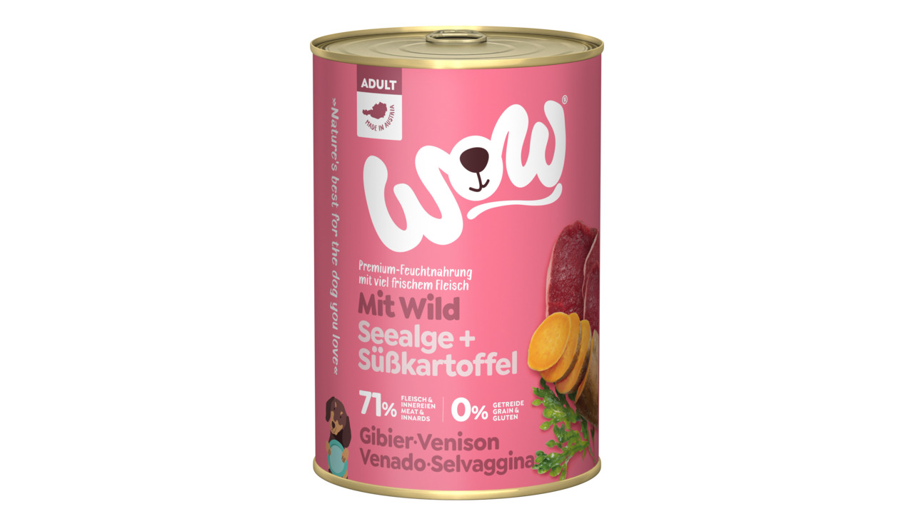Sparpaket 6 x 400 g Wow Adult Wild mit Seealge + Süßkartoffel Hunde Nassfutter