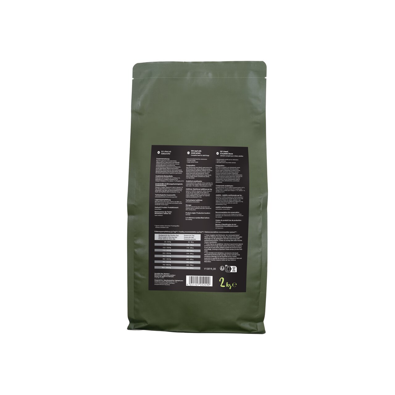 Grüne Verpackung von Lottis Häppchen Hundefutter für Hunde, 2 kg, detaillierte Inhaltsstoffe auf der schwarzen Rückseite aufgeführt.