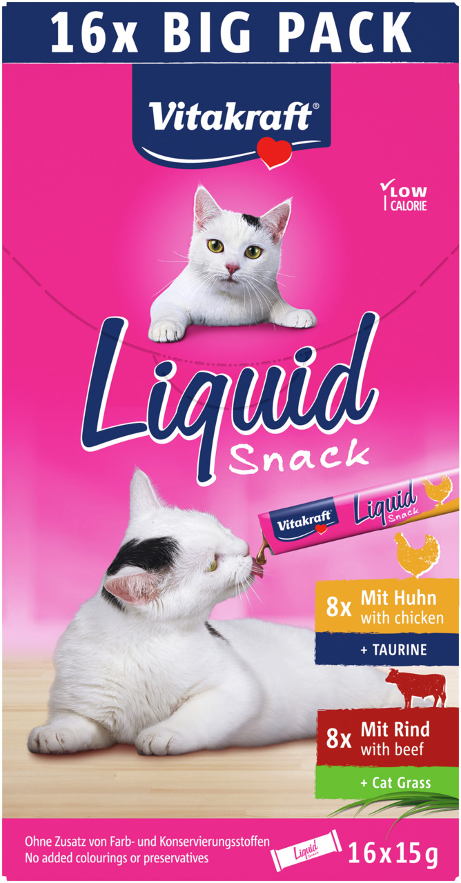 Vitakraft Liquid Snack 16x Big Pack für Katzen: 8x Huhn+Taurin, 8x Rind+Katzengras, kalorienarm, ohne Farb--Konservierungsstoffe, 16x15g.