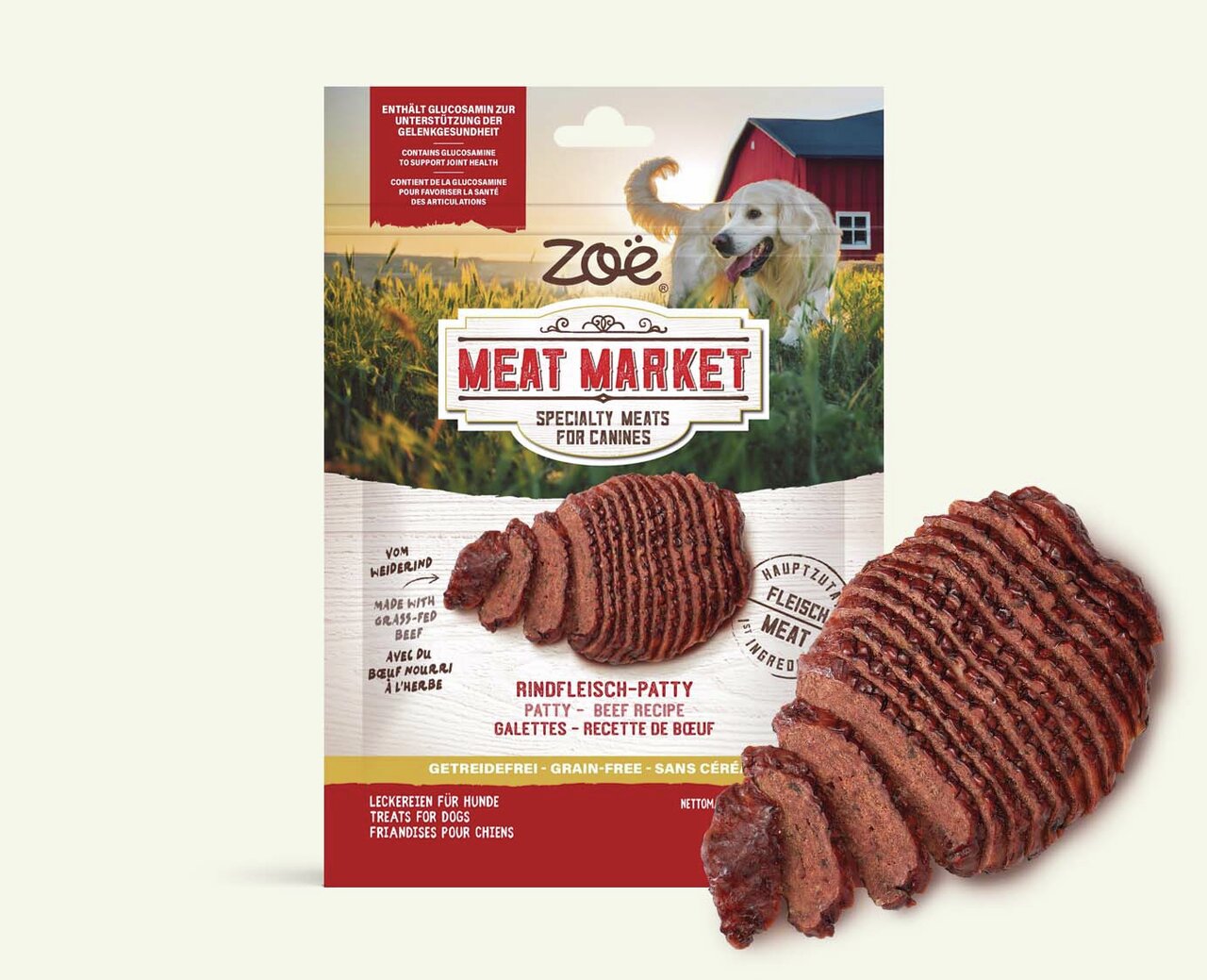 Zoe Meat Market Rindfleisch-Patty für Hunde, getreidefrei, mit Weiderind zur Gelenkgesundheit, 120 g Packung.