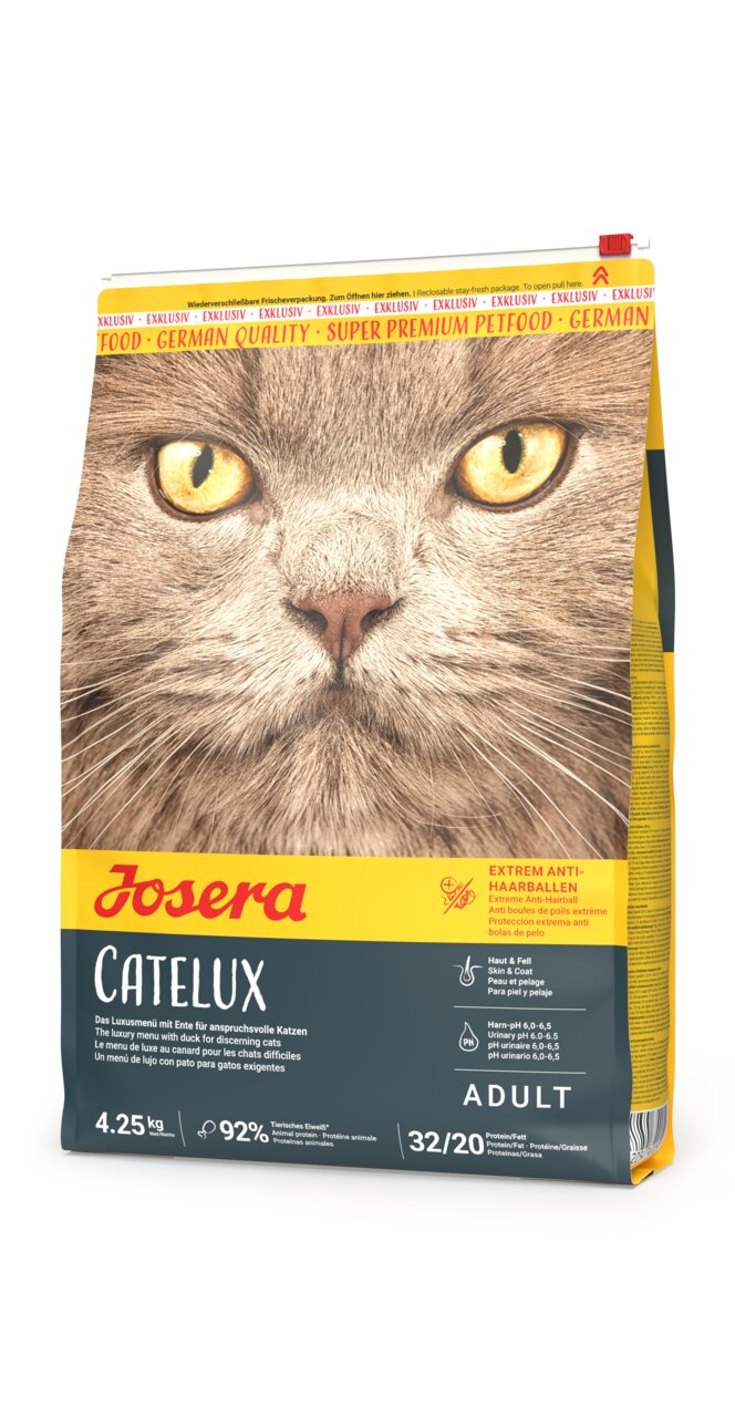 Josera Catelux Katzentrockenfutter für adulte Katzen, Geschmack Ente und Kartoffel, anti-Haarballen, 4,25 kg.