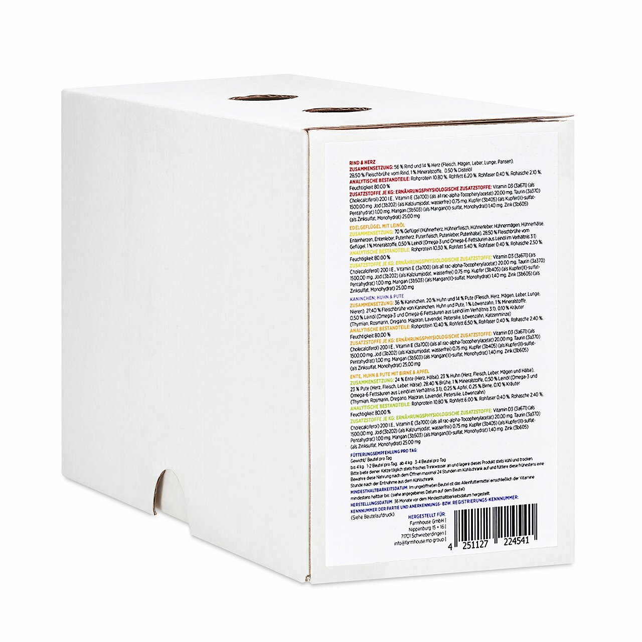 Finnern Mincas Häppchen Nassfutter für Katzen, Geschmacksrichtung Rind & Herz, mit Angaben zu Inhaltsstoffen & Nährwerten.