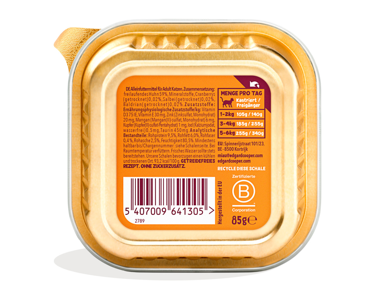 Edgard & Cooper 85g Katzenfutter Huhn+Cranberries, für kastrierte Katzen-Freigänger, ohne Zucker, getreidefrei, recycelbar.